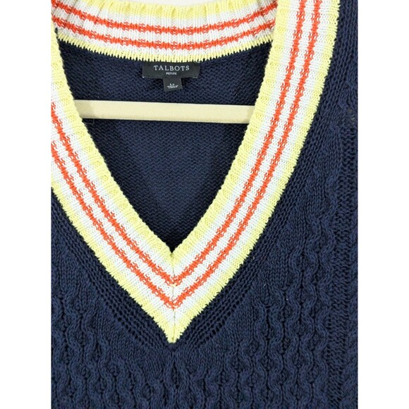 Talbots Cable Knit V Neck Sweater Cotton Linen Navy Cricket Tennis Sz L Petite - Picture 4 of 8